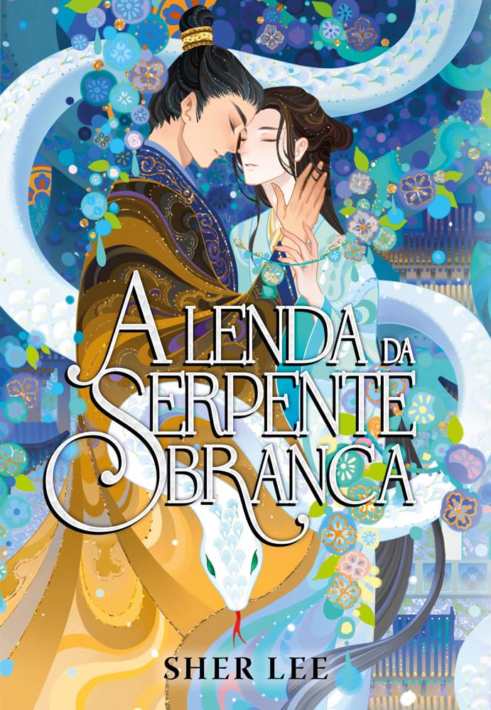 Capa do livro A Lenda da Serpente Branca, onde o personagem principal Xian se encontra muito próximo de Zhen em sua forma humana, ambos envoltos em flores, ornamentos e uma cobra branca