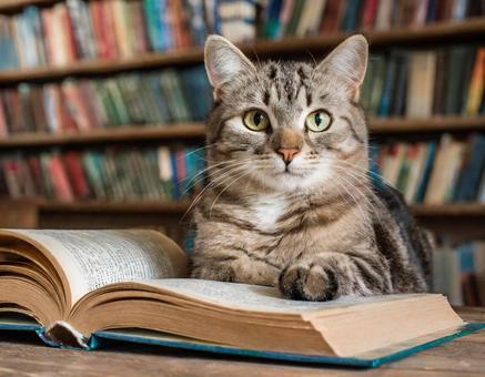 Gatinho fofo deitado em cima de um livro, uma estante de madeira aparece ao fundo