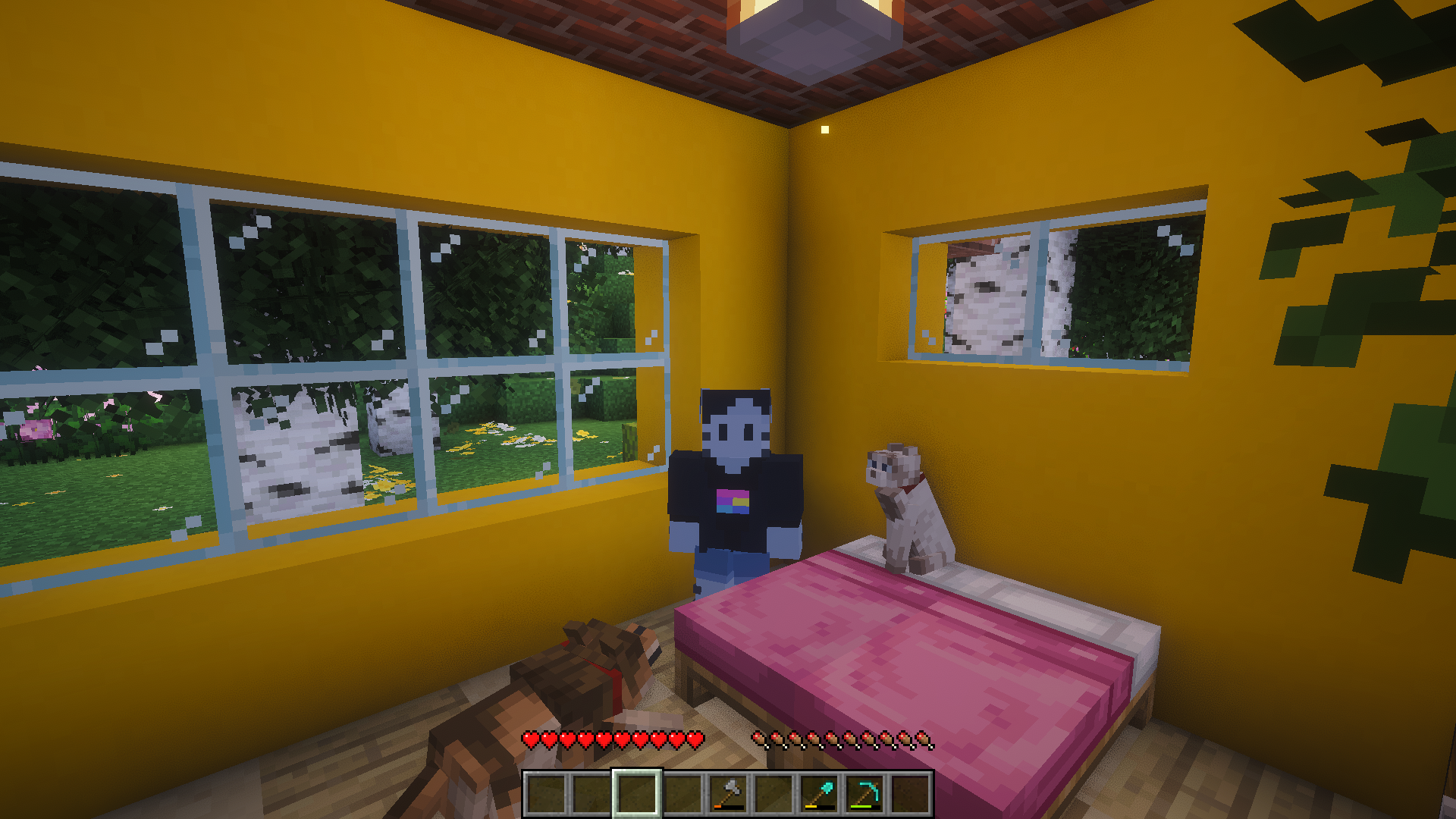 Um print do jogo Minecraft onde mostra o jogador (eu), meu gato de estimação e meu cachorro