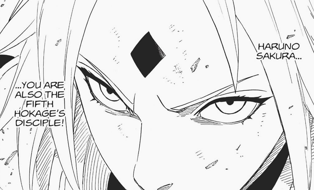 Painel do mangá de Naruto onde a Sakura se mostra muito incrível