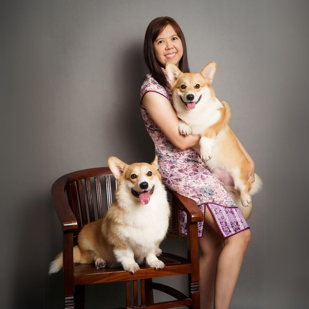 Autora de livros Sher Lee e seus dois pets, cachorrinhos da raça corgi
